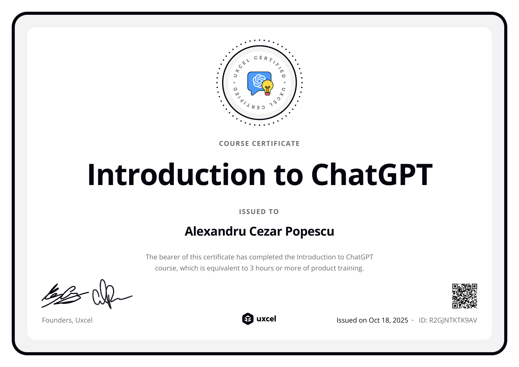 Alexandru Cezar Popescu's certificate